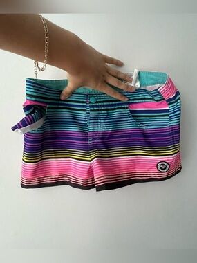 Roxy Teal and Multicolor Striped Swim Shorts